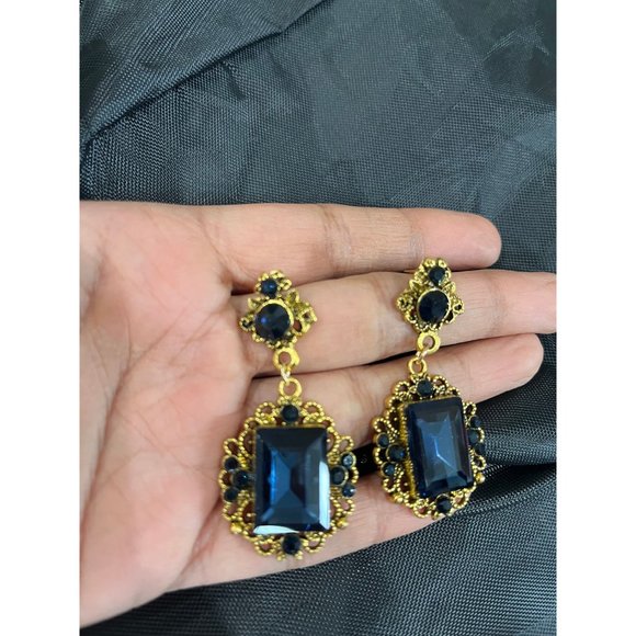 navy blue earrings gold chandelier dark blue wedding  navy crystal earrings big - Picture 6 of 7